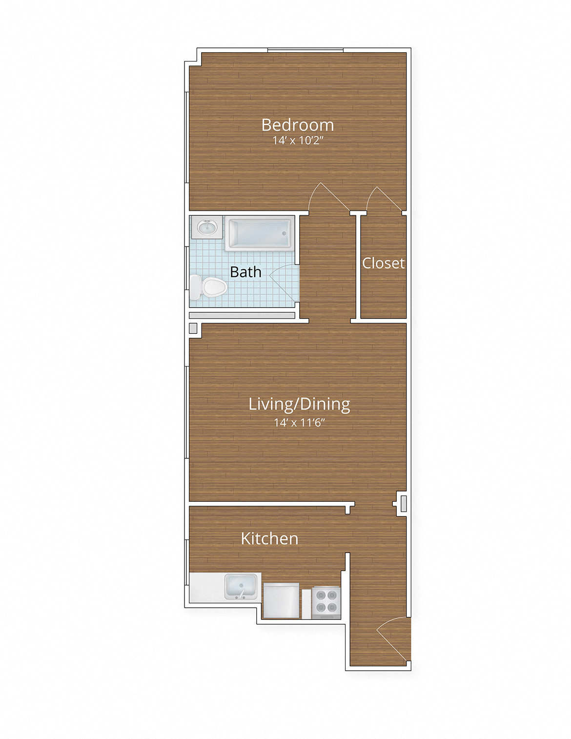 Floor plan for 1 bed, 1 bath, 596 sqft